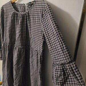 Suzanne Betro Gingham Shift Dress XL Babydoll Bell Sleeves Gray Blue
